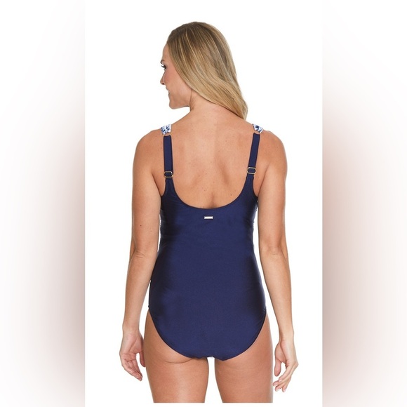 Nine West Shirred Navy Patterned One-Piece Swimsuit. Size S adjustable strap NWT - Picture 2 of 12